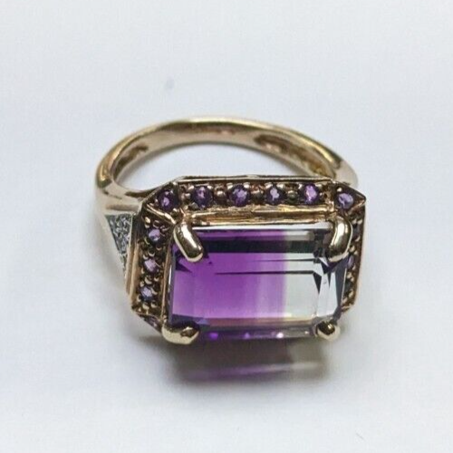 9ct Yellow Gold Ring Purple Ametrine and Diamonds Statement Ring Size N