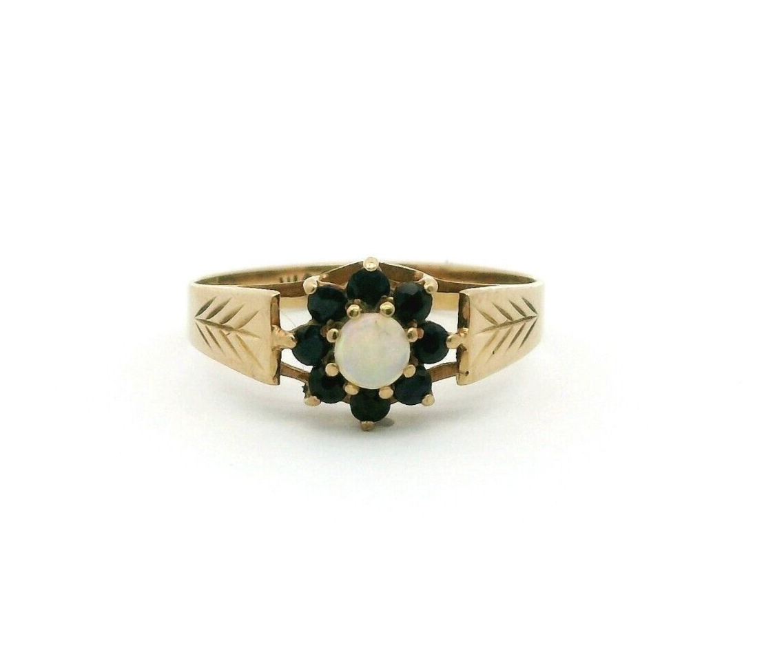 9ct Yellow Gold Ring White Opal and Blue Sapphire Hallmarked Ring Size L 1/2