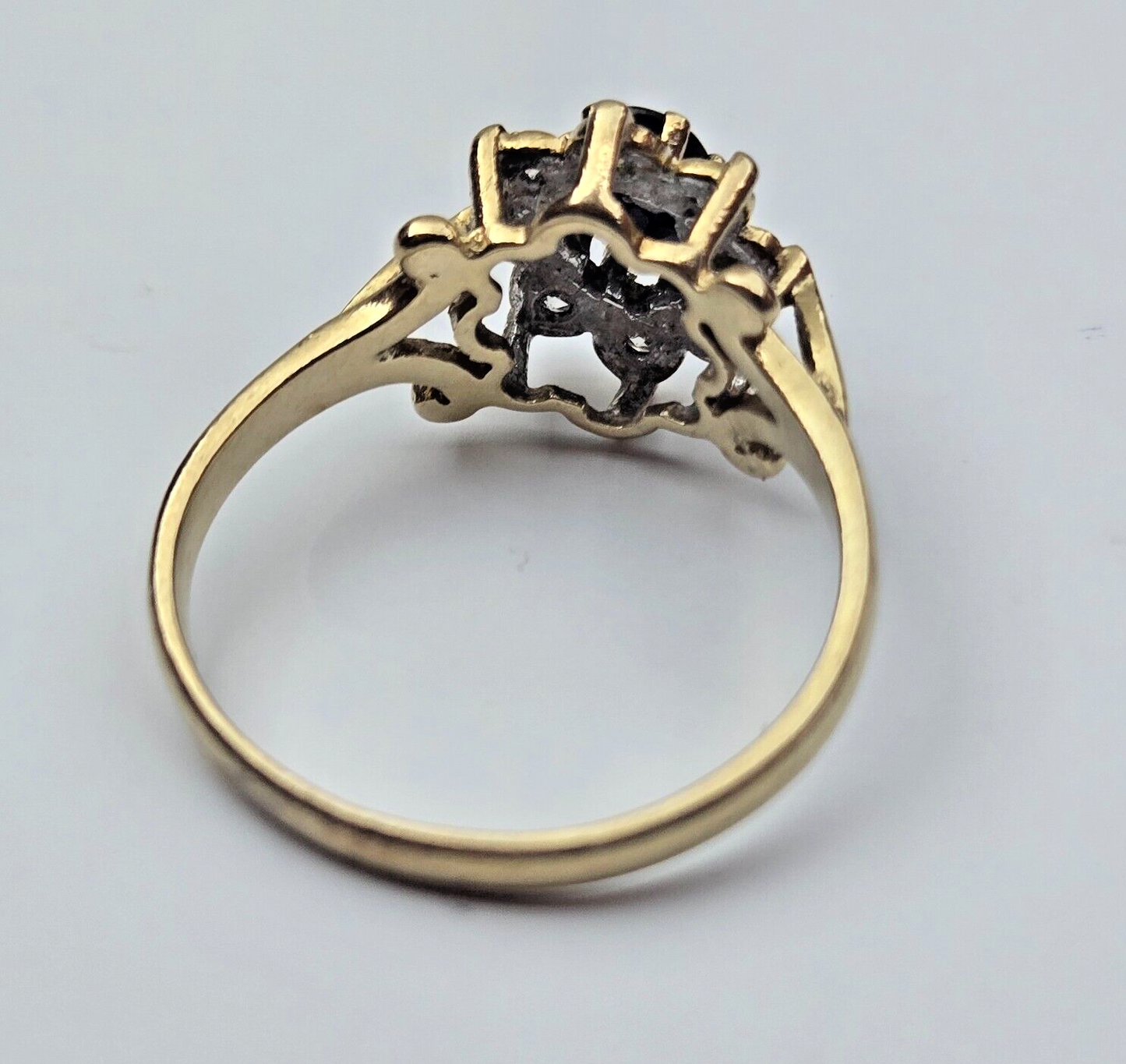 9ct Yellow Gold Sapphire Diamond Ring Black & Colourless Gemstones Ring Size: N