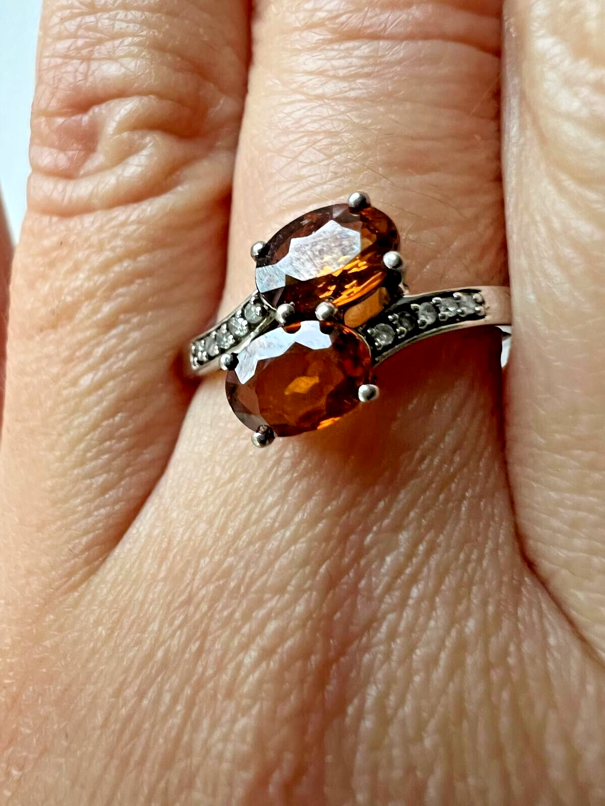 9ct White Gold Ring Round Orange Topaz and Diamond Gemstones Ring Size S