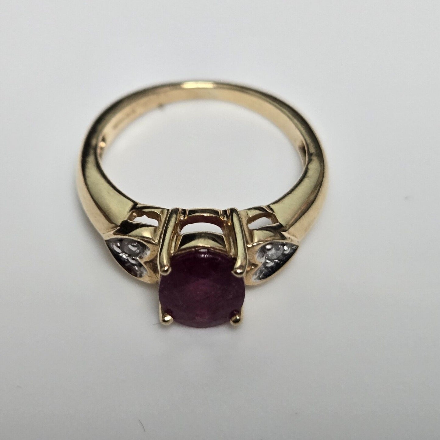 9ct Yellow Gold Ring Oval Red Ruby and Diamonds Gemstones UK Ring Size J