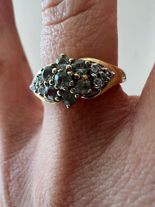 9ct Yellow Gold Green Topaz & Colourless Diamond Cluster Setting UK Ring Size M