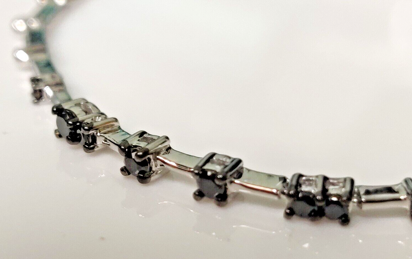 9ct White Gold Tennis Bracelet Black Diamonds Natural Gemstones 20cm Long