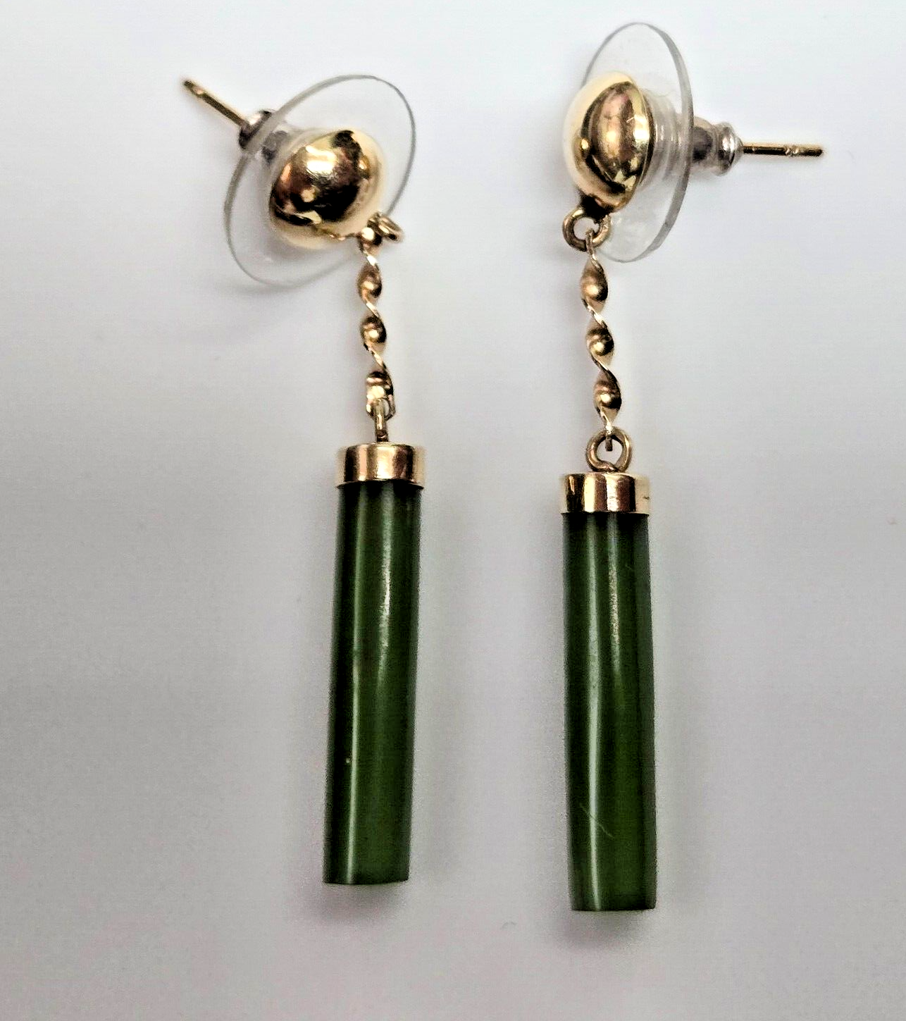 9ct Yellow Gold Green Jade Drop Earrings Butterfly Push Backs 37mm Long