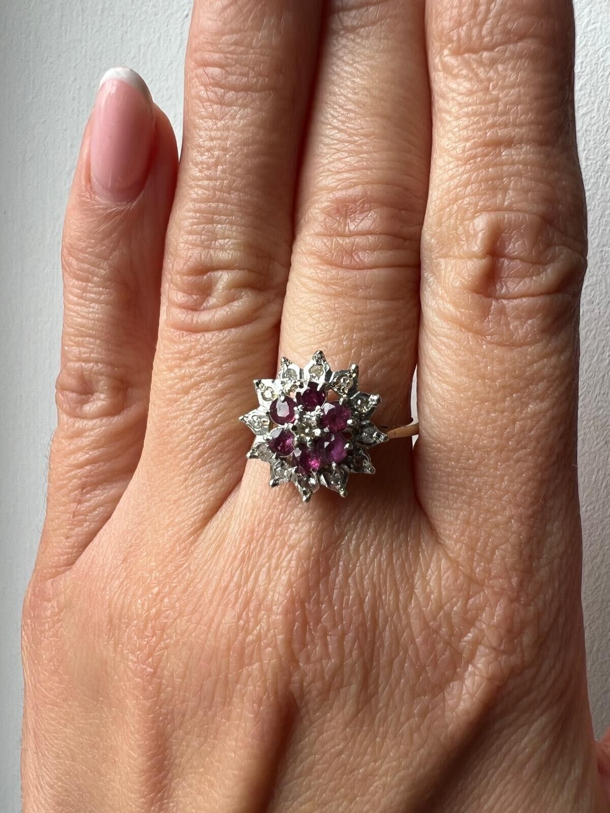 9ct Yellow Gold Ring Round Purple Ruby & Diamond Cluster UK Ring Size O