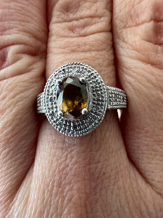 9ct Yellow White Gold Yellow Oval Citrine & Diamond Halo Setting Ring Size N 1/2