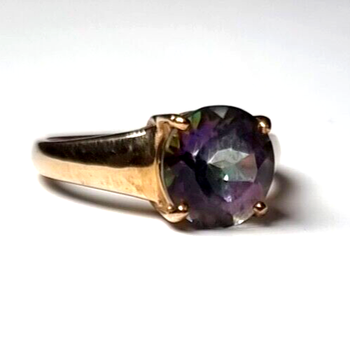 9ct Yellow Gold Ring Mystic Round Topaz Gemstone Statement Ring UK Ring Size N