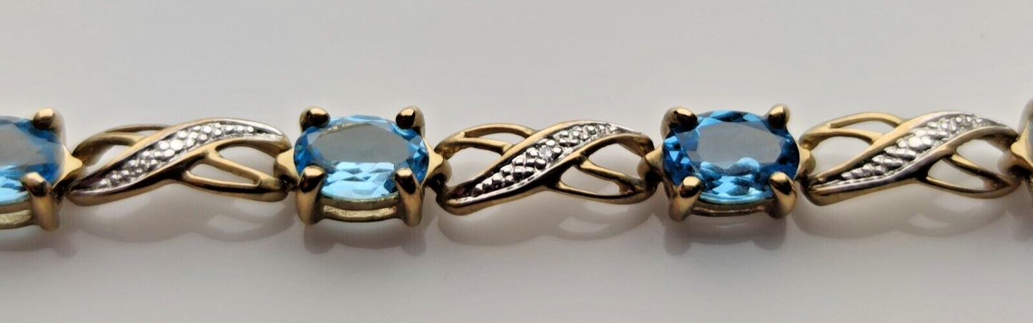 9ct Yellow Gold Tennis Bracelet Blue Topaz Natural Gemstones 19cm Long