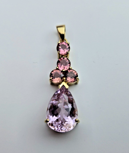 9ct Yellow Gold Pendant Purple Amethyst and Pink Tourmaline Gemstones 39mm Long