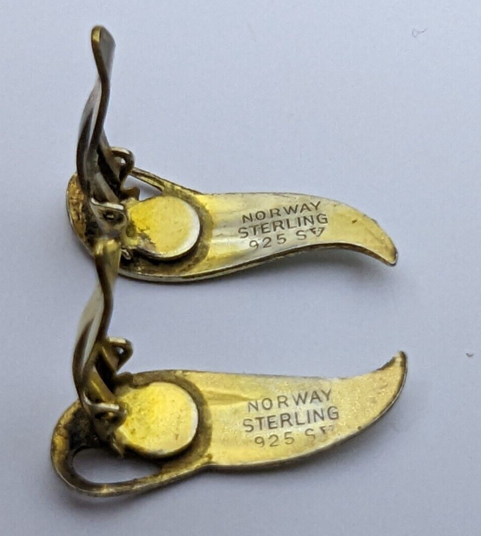 Finn Jensen Leaf Earrings Enamel Gold Wash Sterling Silver Clip on Earrings
