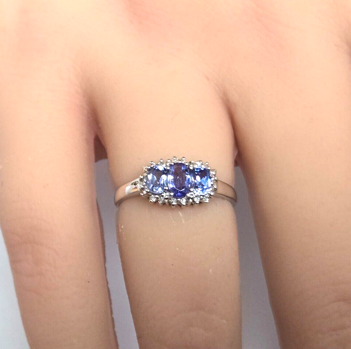 9ct White Gold Ring Blue Tanzanite and Diamonds Prong Setting Ring Size J 1/2