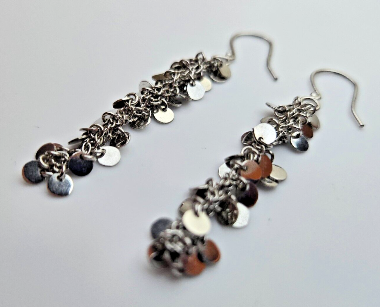 Sterling Silver Dangly Sequin Earrings Ear Wire Hook 50mm Drop Length