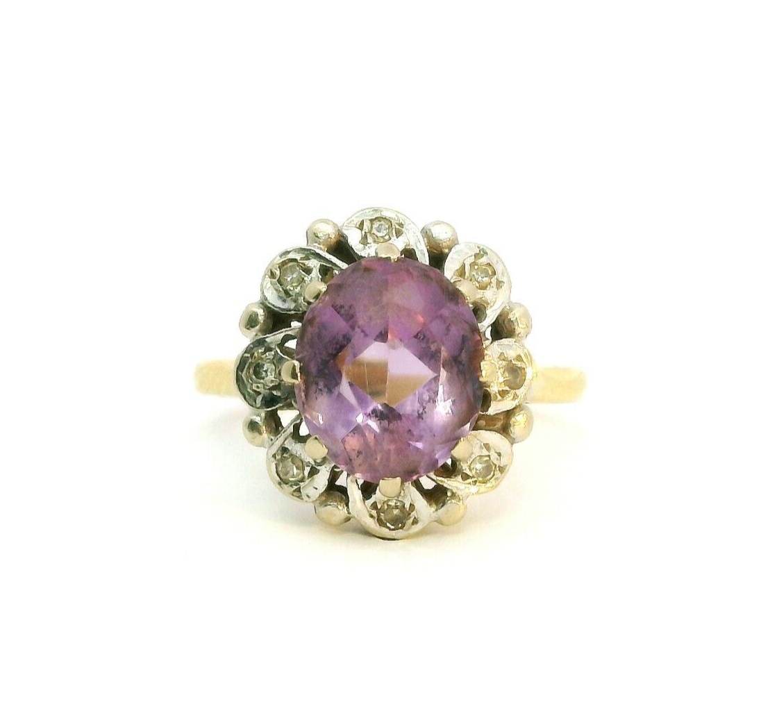 Vintage 18ct Yellow Gold Ring Amethyst Diamond Gemstone UK Ring Size K 1/2