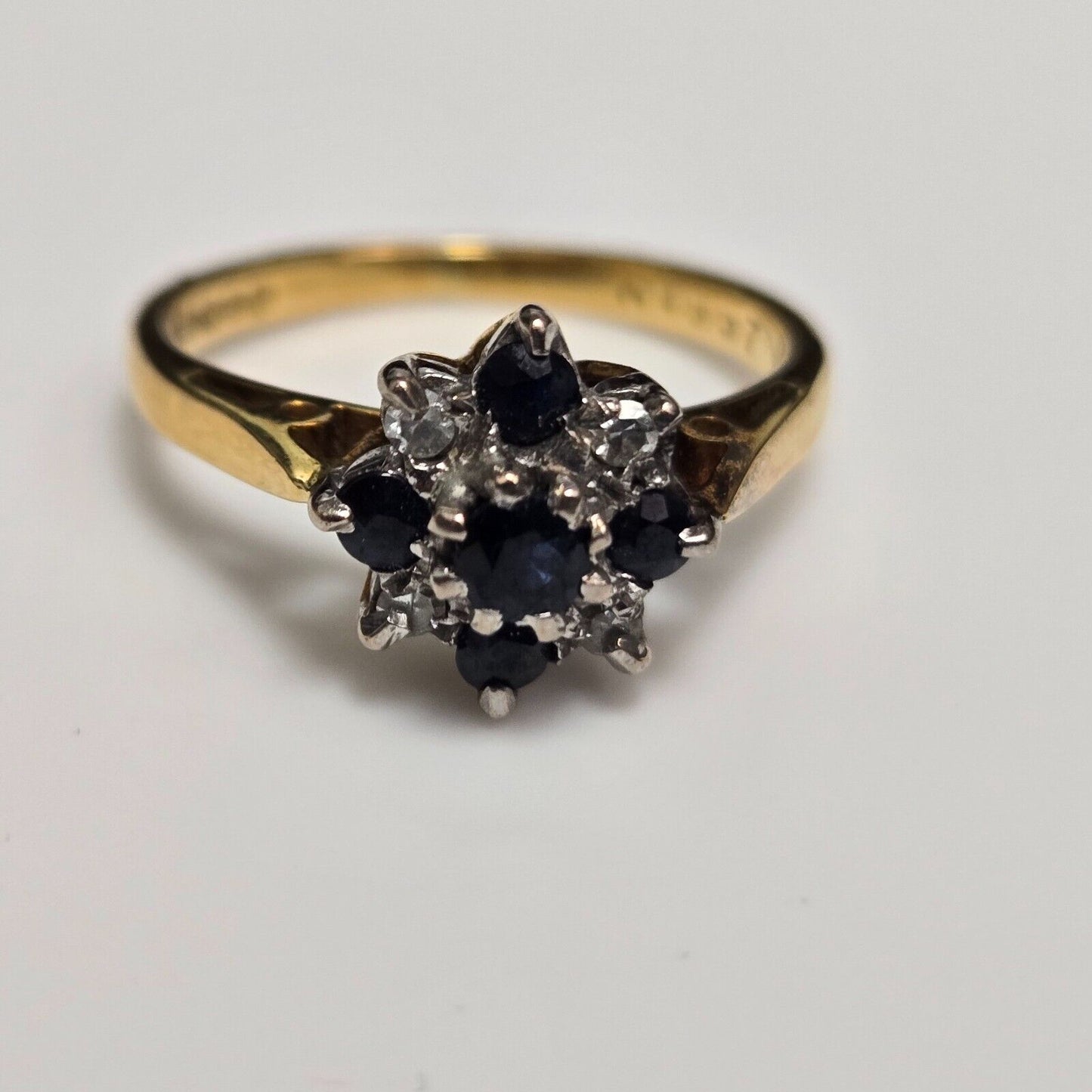 18ct Yellow Gold Ring Blue Sapphire and Diamond Cluster UK Ring Size J 1/2