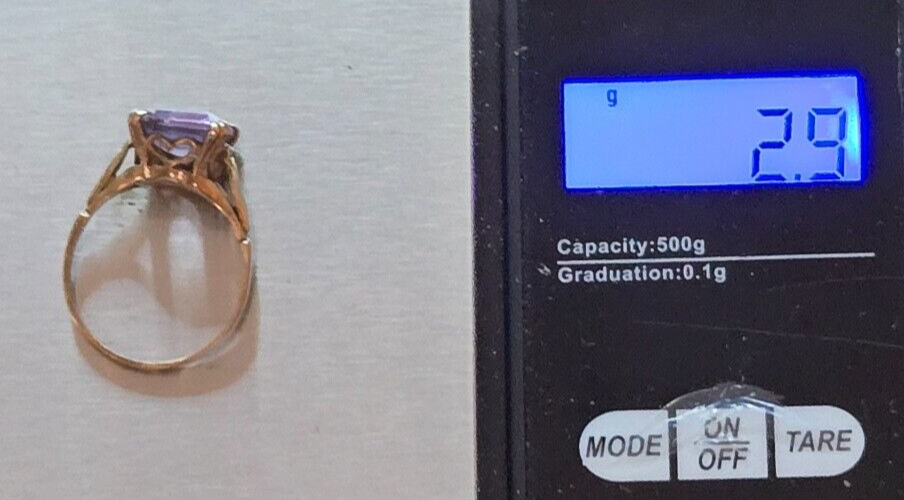 9ct Yellow Gold Ring Single Setting Purple Amethyst Gemstone Ring Size P 1/2