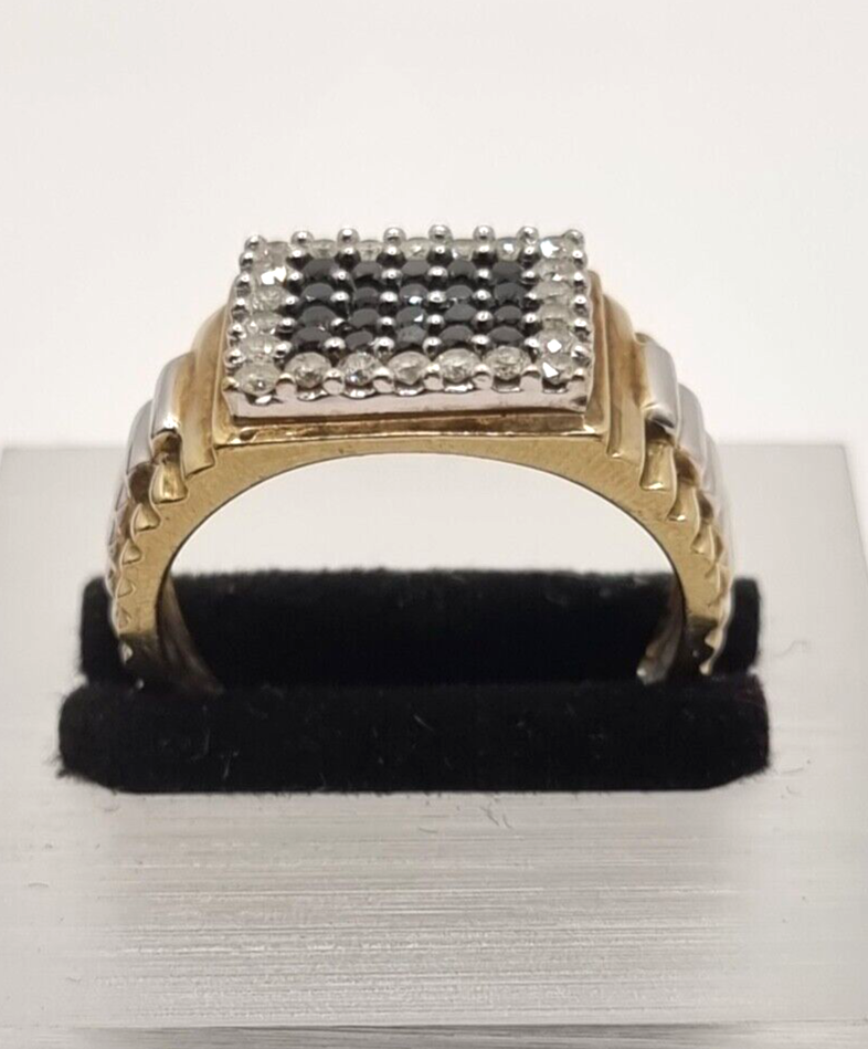 Men's 9ct Yellow Gold Signet Ring Black & White Diamonds UK Ring Size X 1/2
