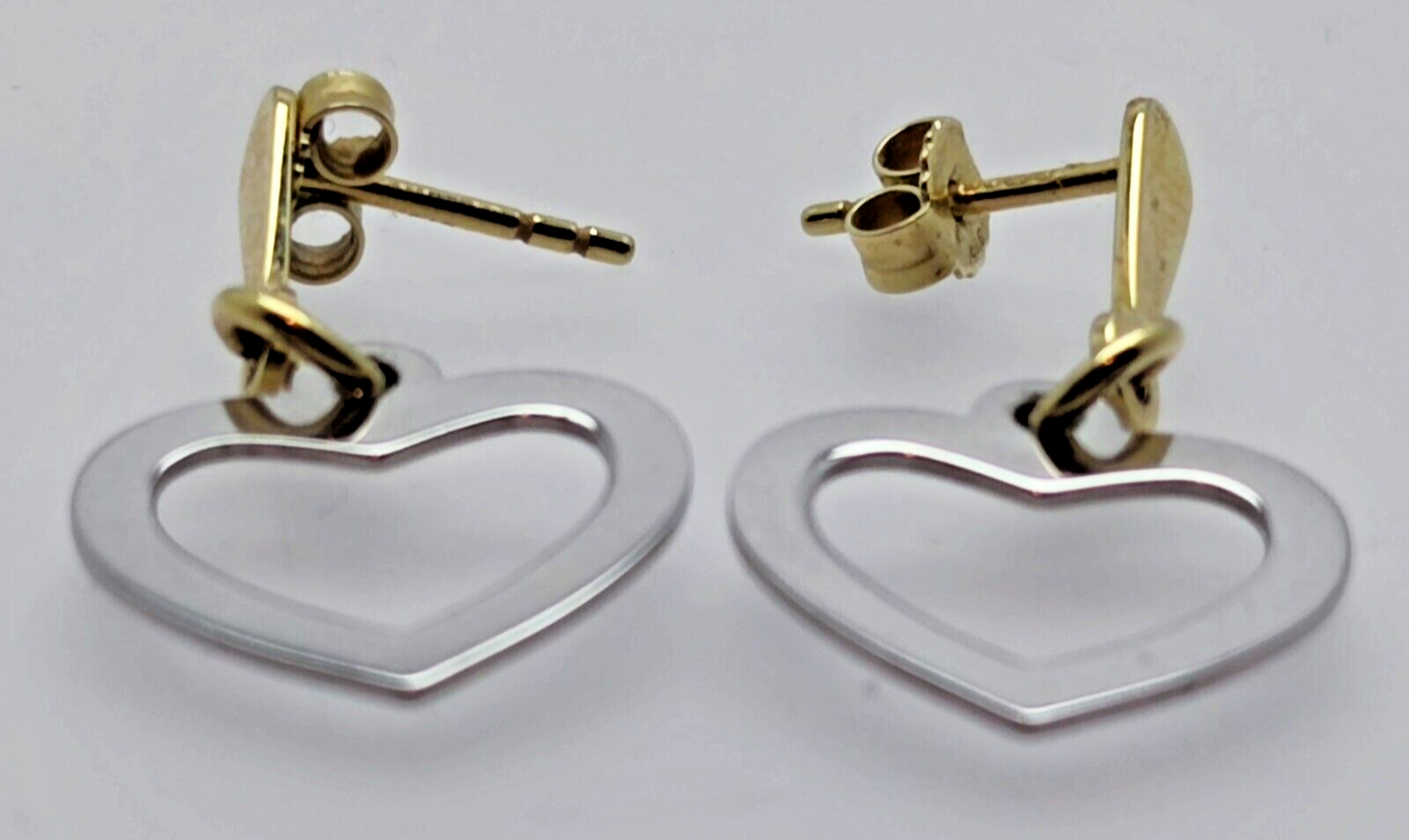 9ct Yellow and White Gold Drop Earrings Dangle Heart Shaped Charms
