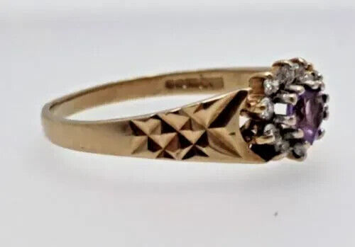 9ct Yellow Gold Ring Purple & Cubic Zirconia Stones Ring Size P 1/2 9k Gold
