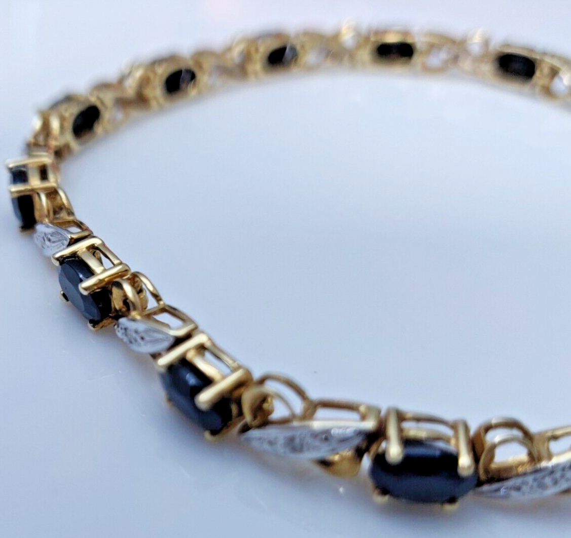 9ct Yellow Gold Tennis Bracelet Blue Sapphire and Diamonds Gemstones 18.5m Long