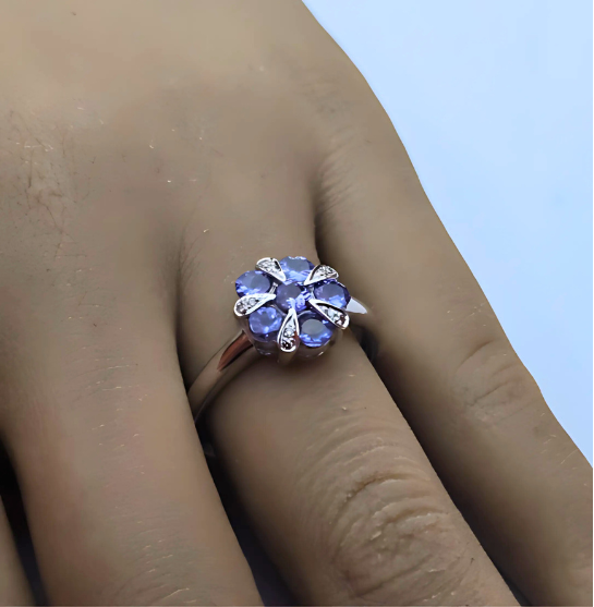 9ct White Gold Ring Blue Tanzanite and Diamonds 375 Hallmarked Ring Size R