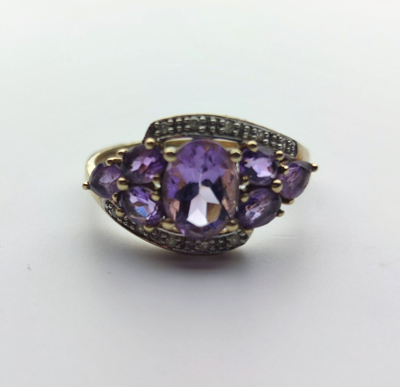 9ct Yellow Gold Ring Purple Amethyst White Diamonds Gemstones Ring Size: P