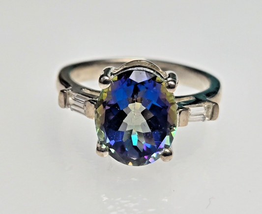 Silver Ring Mystic Blue Topaz and Zircon Stones Ring Size N/O 925 Silver