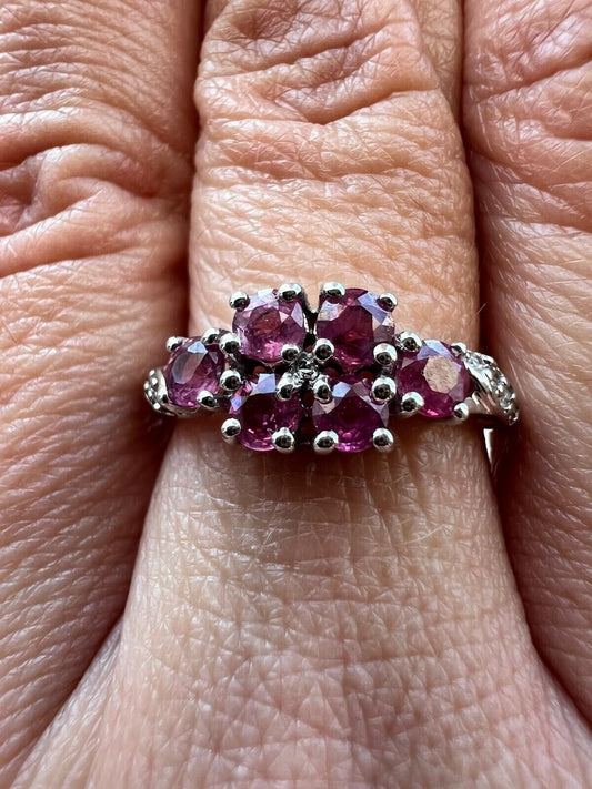 9ct White Gold Ring Purple Ruby & Diamond Gemstones UK Ring Size O 1/2