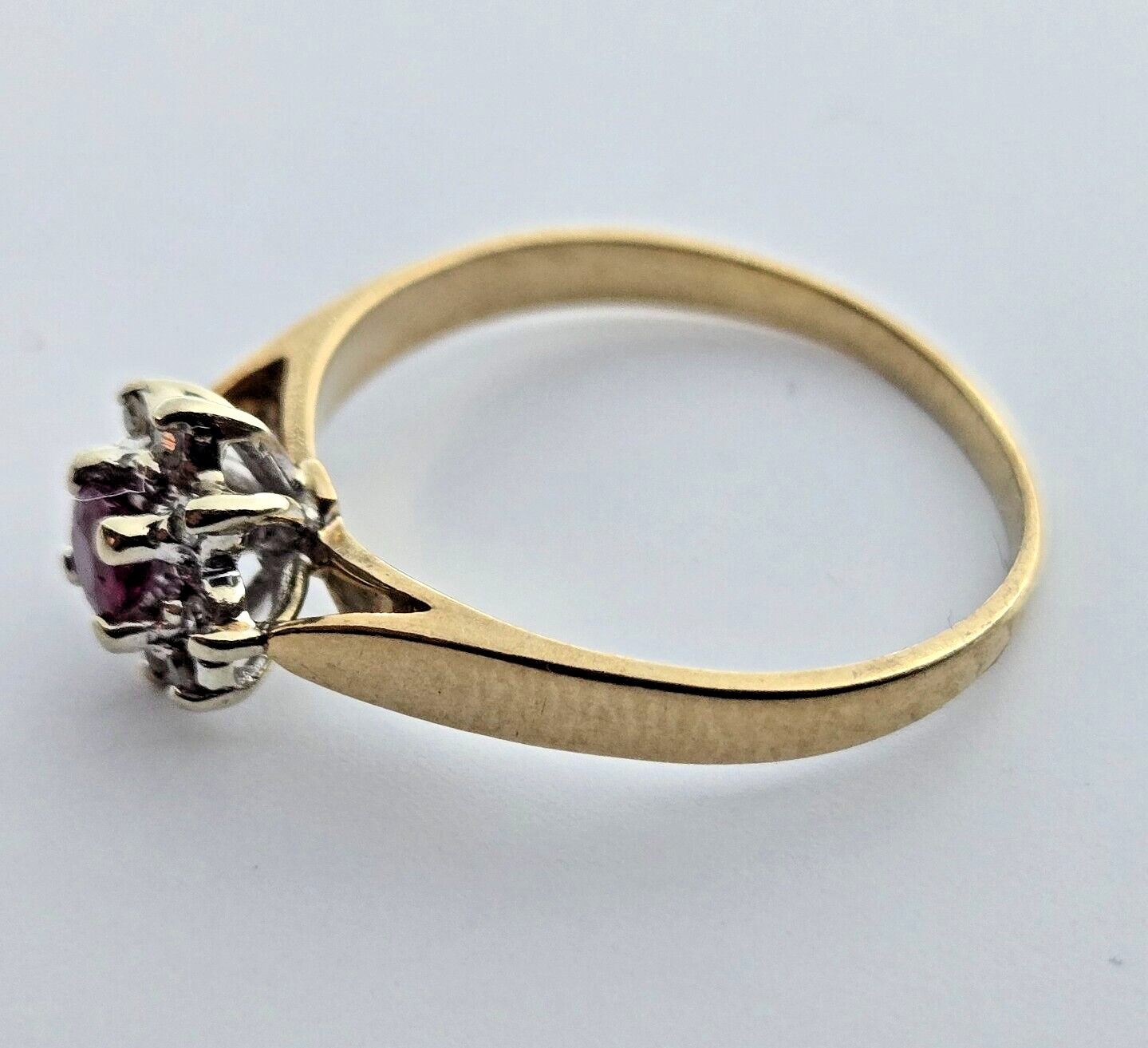 9ct Yellow Gold Ring Purple Ruby and Diamond Gemstones UK Ring Size O 1/2