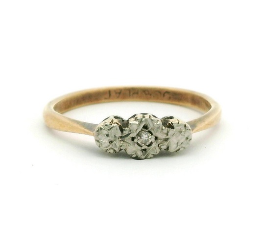 Vintage 9ct Yellow & Platinum Ring Single Round Diamond Hallmarked Ring Size O