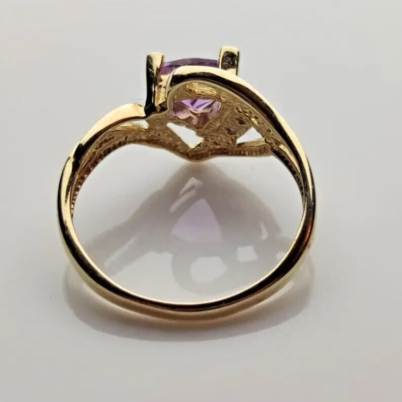 9ct Yellow Gold Ring Purple Amethyst & Diamond Crossover Band UK Ring Size N 1/2