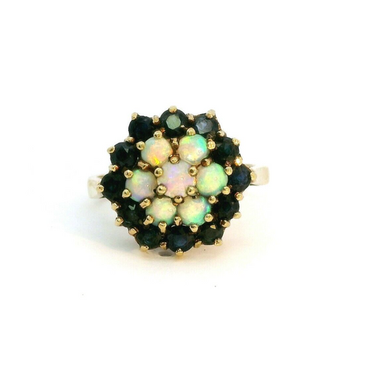 9ct Yellow Gold Ring Opal and Sapphire Prong Setting Statement UK Ring Size P