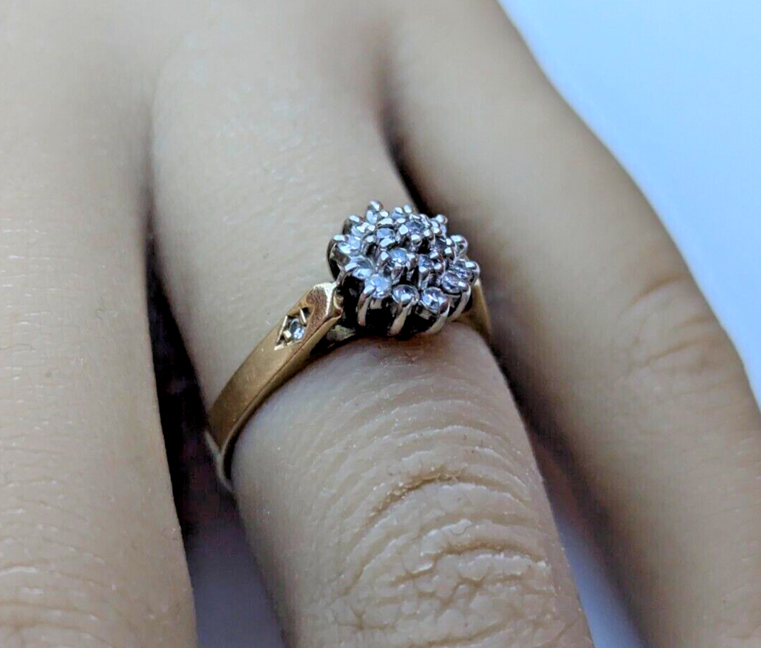 9ct Yellow Gold Ring Diamonds Cluster Setting UK Ring Size K