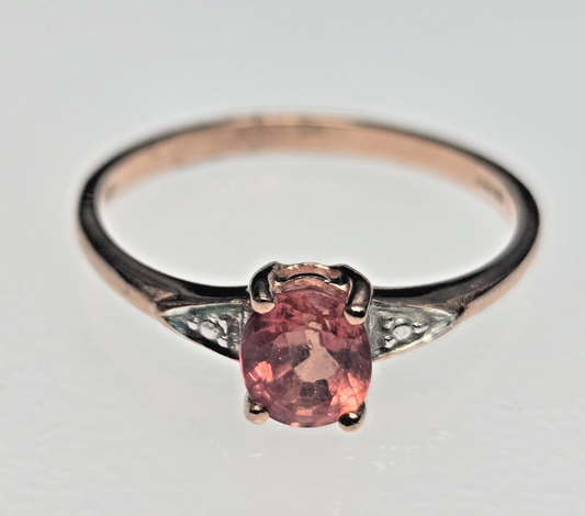 9ct Rose Gold Ring Orange Tourmaline Diamond 375 Hallmarked Ring Size R 1/2
