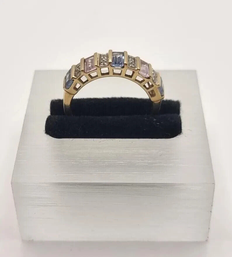 9ct Yellow Gold Multi-Gemstone Ring Blue & Pink Topaz & Diamonds Ring Size O 1/2