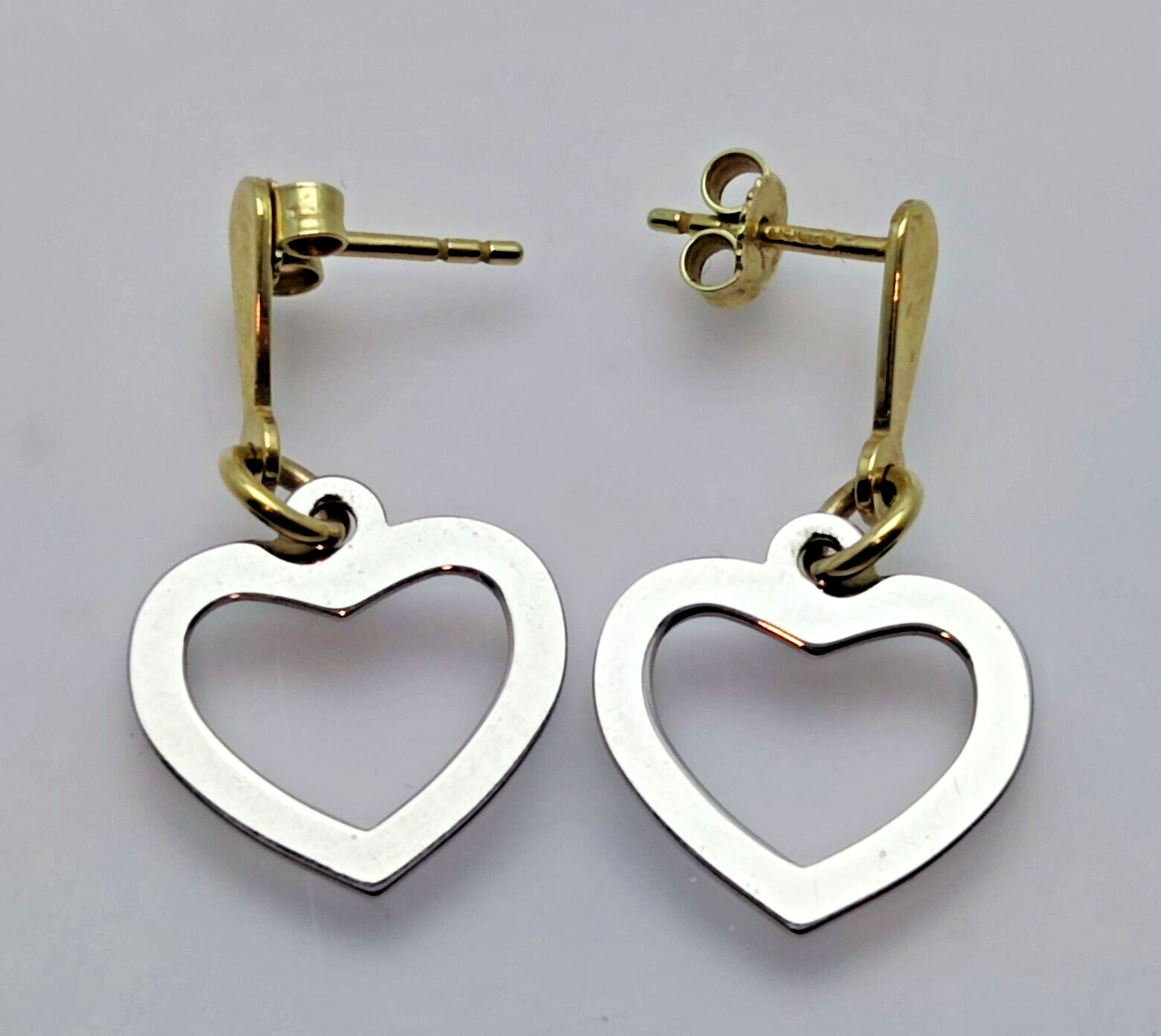9ct Yellow and White Gold Drop Earrings Dangle Heart Shaped Charms