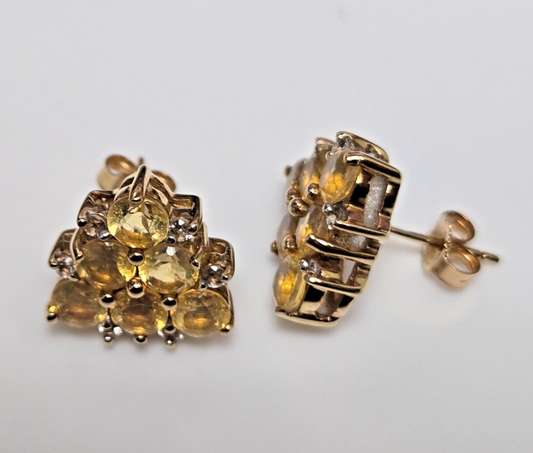 9ct Yellow Gold Stud Earrings Yellow Citrine and Diamonds Size:13.3mm x 12.8mm
