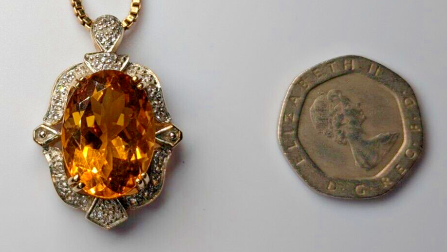 9ct Gold Pendant Yellow Citrine and Diamonds Natural Gemstones Size: 32mm x 22mm