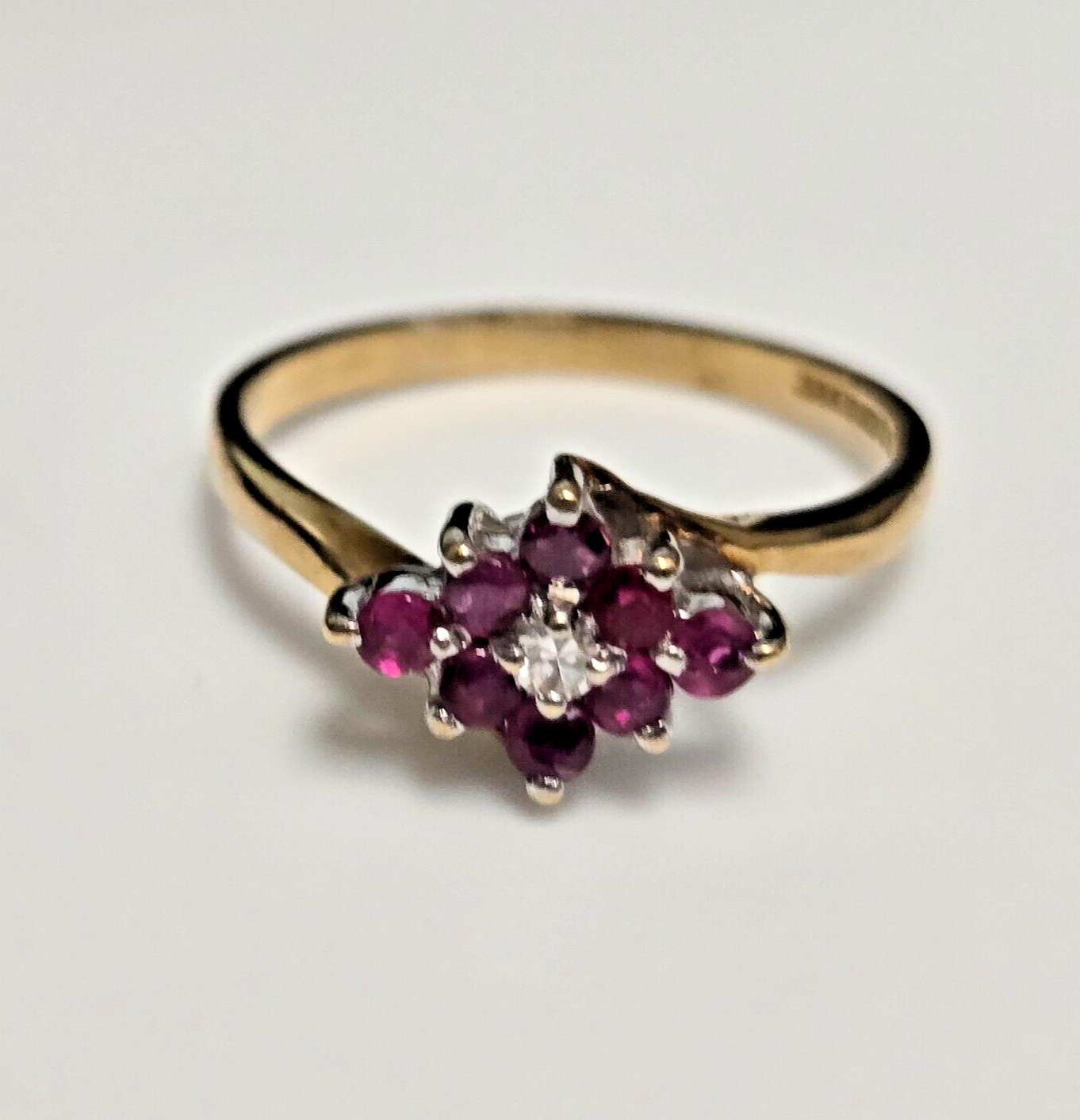 9ct Yellow Gold Ring Ruby and Diamond Crossover Band UK Ring Size N