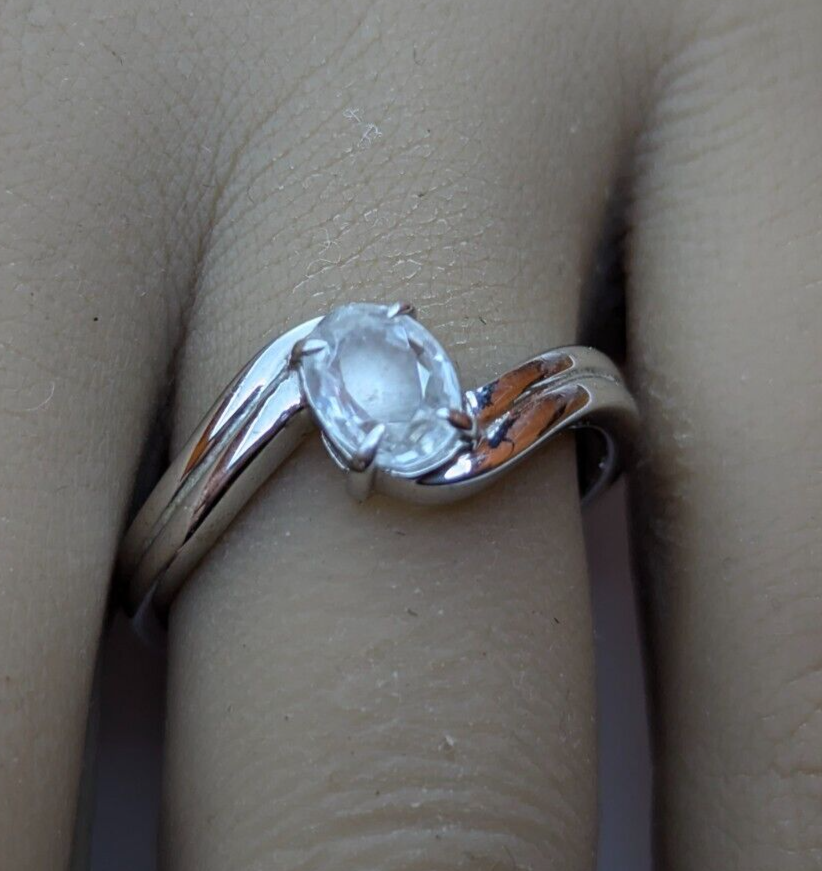 Silver Ring White Zircon 925 Sterling Silver Crossover Band Ring Size R 1/2