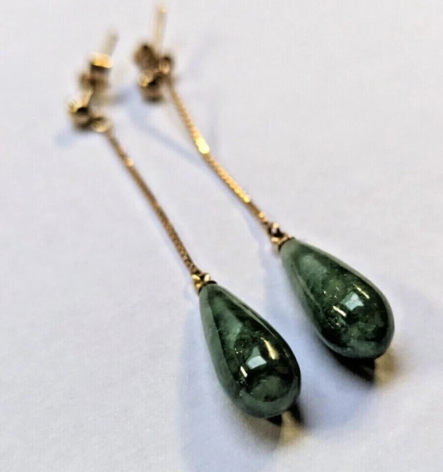 9ct Yellow Gold Dangle Earrings Green Marble Jade Gemstones 40mm Long