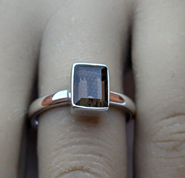 Silver Ring Champagne Quartz 925 Sterling Silver Prong Setting Ring Size R 1/2