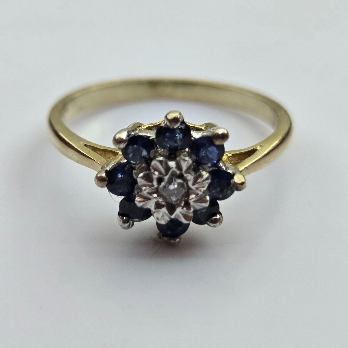 9ct Yellow Gold Ring Round White Diamond and Blue Round Sapphire Ring Size M 1/2