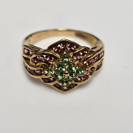 9ct Yellow Gold Ring Tourmaline Green and Pink Gemstone Cluster Gold Ring Size N