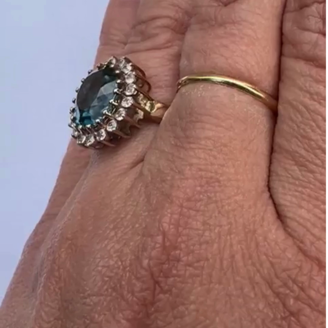 9ct Yellow Gold Ring Blue Topaz White Zircon Halo Setting Ring Size K