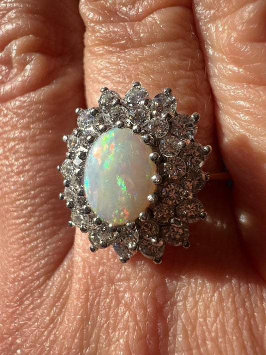 9ct Multi Tone Gold Ring Oval White Opal Natural Gemstone UK Ring Size R