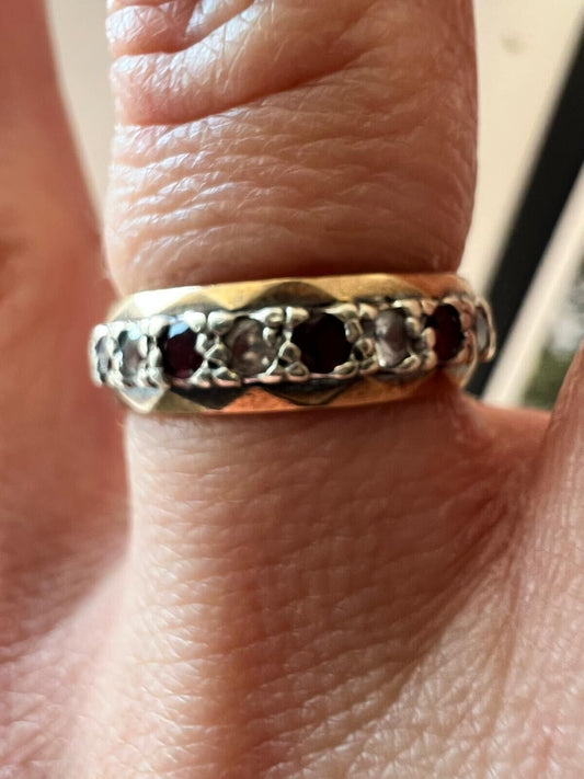 9ct Yellow Gold Eternity Ring Red Garnet & Colourless Spinel Ring Size K 1/2