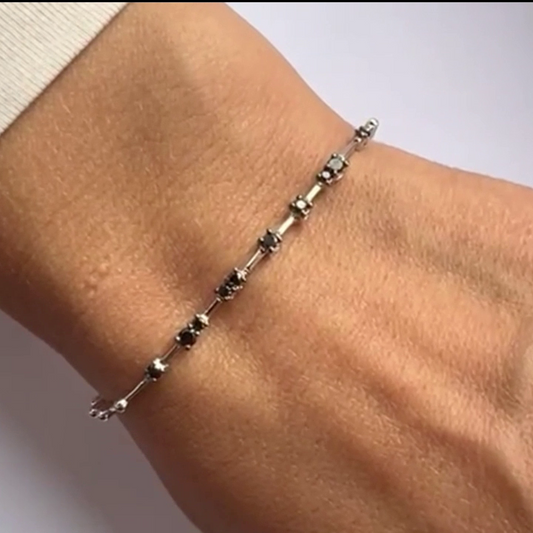 9ct White Gold Tennis Bracelet Black Diamonds Natural Gemstones 20cm Long