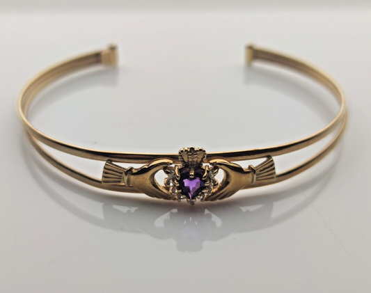 9ct Yellow Gold Claddagh Bangle Purple Amethyst Gemstone Size 6cm x 6.5cm
