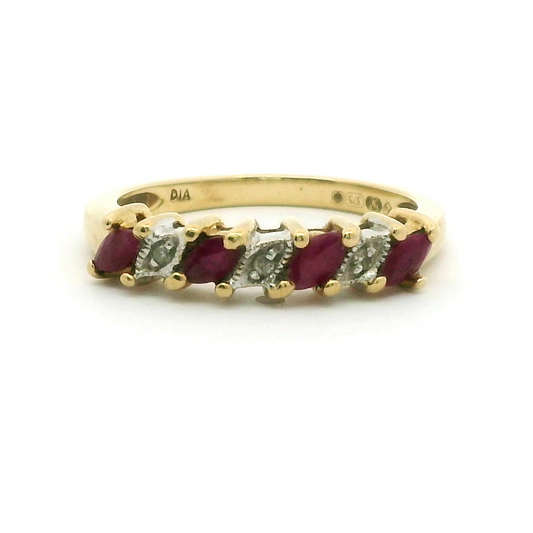 9ct Yellow Gold Red Ruby and Diamonds Prong Setting Hallmarked Ring Size L 1/2