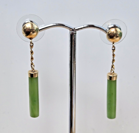 9ct Yellow Gold Green Jade Drop Earrings Butterfly Push Backs 37mm Long